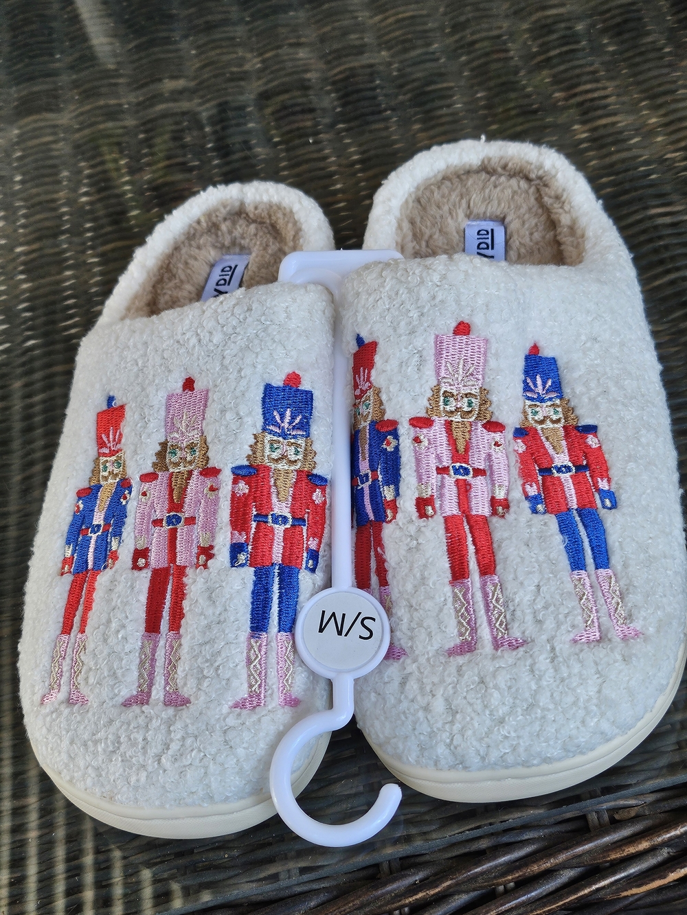 Katydid White Sherpa Slip-On Slippers with Red & Blue Nutcracker Embroidery 6/7